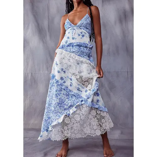 Women's  Floral Maxi Dress, Spaghetti Strap V Neck Backless Lace Ruffle Tiered Long Dresses for Summer Beach Wedding Cocktail Party Cute Fashion