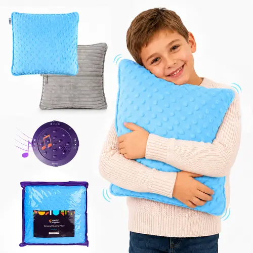 Sensory Vibrating Pillow – Pressure-Activated Calming Support for Kids & Adults, 12” Plush with Textured Bumps, 3 Vibration Modes, Music & Voice Recording (Blue)