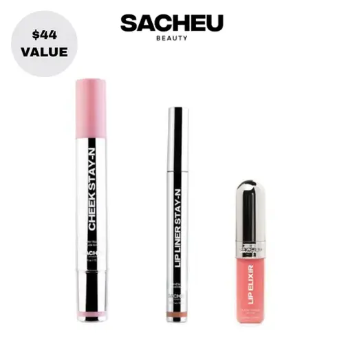 sacheu Cheek & Lip STAY-N Trio | Blush, Lip Liner & Gloss Trio | All-Day Dewy Lip & Cheek Set