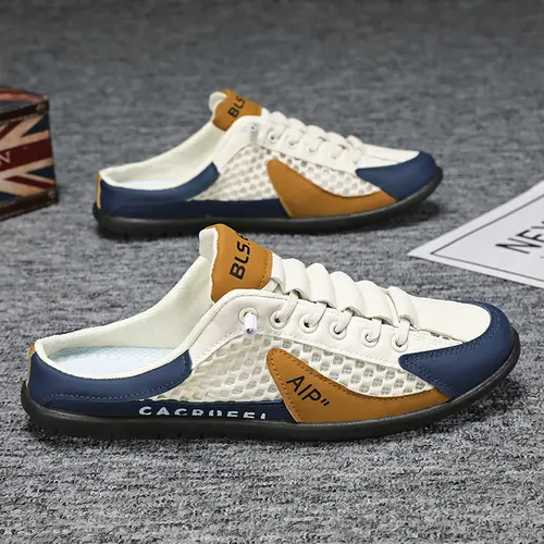 2026 Spring Summer Men'S Fashionable Multifunctional One Foot Casual Shoes - Anti Slip And Durable Sports Sandals, Comfortable Insole, Breathable Fabric Lining, Mesh Splicing, Navy Blue/white/beige - Suitable For Indoor, Vacation Slipper Sandals Footwear