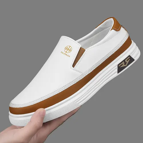 2026 Spring Local warehouse Men's Stylish Slip-On Loafers - White PU Upper with Brown & Golden Accents, Non-Slip Rubber Sole, Comfortable Casual Shoes for Casual Attire and Vacation