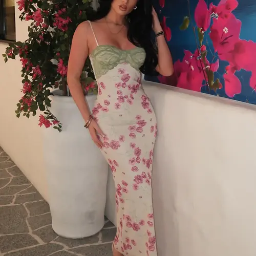 Women's Floral Print Cami Dress, Elegant Spaghetti Strap Long Dress for Beach Holiday Vacation, Ladies Summer Clothes, Floral Bodycon Dress, Floral Design Dress, Womenswear