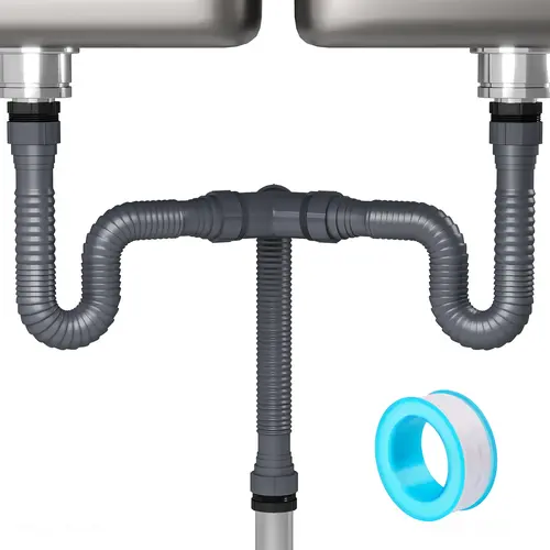 NiHome Expandable Flexible P-Trap Pipe Kit for Double Kitchen Sink (1.5" or 1.25"), with Adapter, Sealing Ring & Tape, Drain Tubing, Kitchen Sink Accessories, Plastic Drainage Fixtures for Installation
