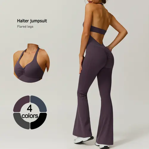 TimeOFF Women's Halter Neck Solid Color Jumpsuit - Folded Chest, Butt-Lifting, Flared Legs - Yoga, Gym Activewear Workout Apparel, Workout Jumpsuits