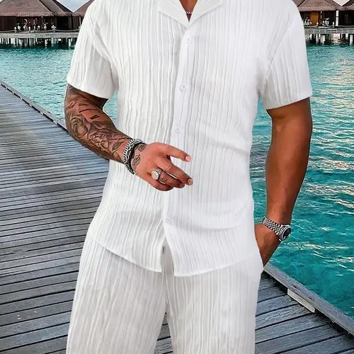 Men's Solid Color Loungewear Set, Casual Comfy Short-Sleeve Top & Drawstring Waist Shorts, Summer Sleepwear, Pajama Set, Soft Lounge Set, Home Loungewear, Casual Home Pjs