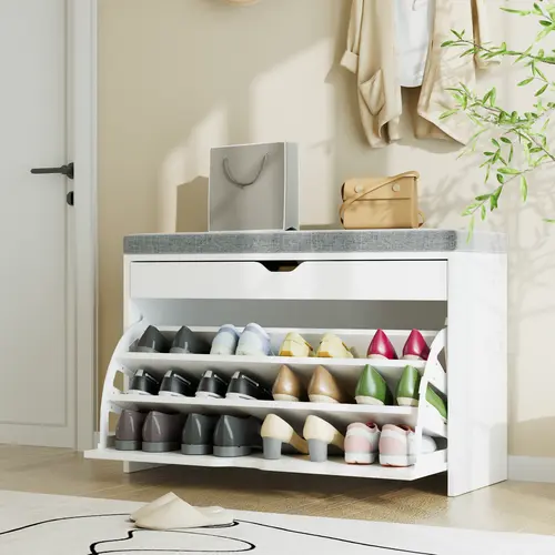 VOWNER Shoe Storage Bench with 3-Tier Flip Drawer, Shoe Rack Bench with Adjustable Shelves & Hidden Storage Space, Shoe Organizer ,#SohoChic