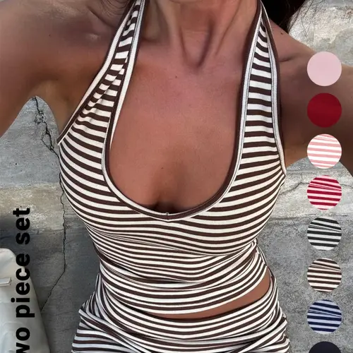 Women's Casual Striped Halter Neck Sleeveless Crop Top & Shorts Set, Summer Fitted Two-Piece, Regular Length, Moderate Fabric Thickness Pants
