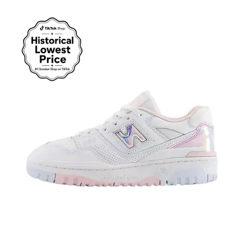 NEW BALANCE 550 Women's & Grade School Low-Top Leather Upper Flat Sneakers - Court Silhouette, White with Rose Sugar Accents, Daily Wear Comfort, Athletic Walking Shoes