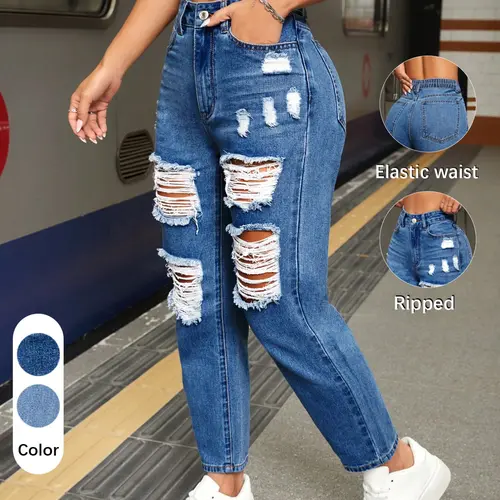 Women's Basic Plain Ripped Elastic High Waist Loose Fit Straight Leg Jeans, Fashion Casual Denim Trousers for Daily and Outdoor Wear, Ladies Bottoms for Summer