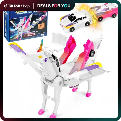 Hotfree 2‑in‑1 Magnetic Unicorn Transforming Car Toy, Automatic‑Collision Transformation Play Car, Convert into Unicorn, Deer and Flying Dragon Figures, Magical STEM Robot Toy, Open‑Ended Pretend Play, Birthday & Christmas Holiday Gift for Boys & Girls