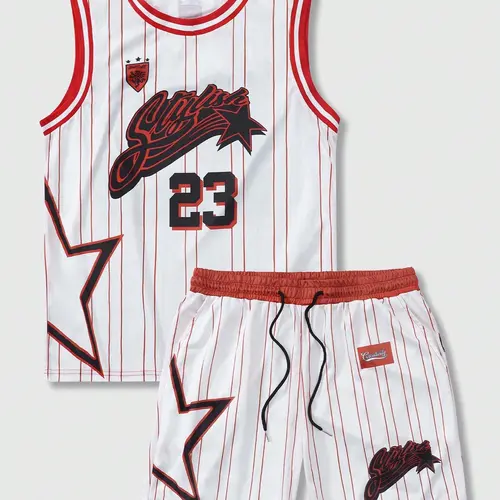 Two-Piece Set Men's Letter Print Basketball Jersey & Shorts Set, Regular Fit Casual Basketball Sleeveless V Neck Top & Shorts, Summer Clothes Set for Men, Gym Wear, Gym Outfits, Sportswear for Summer
