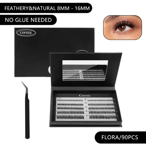 (Airy & Natural) Cofier DIY Lash Kit Press-on No-Glue Self-Adhesive Eyelashes for an Effortless, Seamless Look Beginner-Friendly Lightweight Individual Lashes with Tweezers 90 PCS #Summervibes