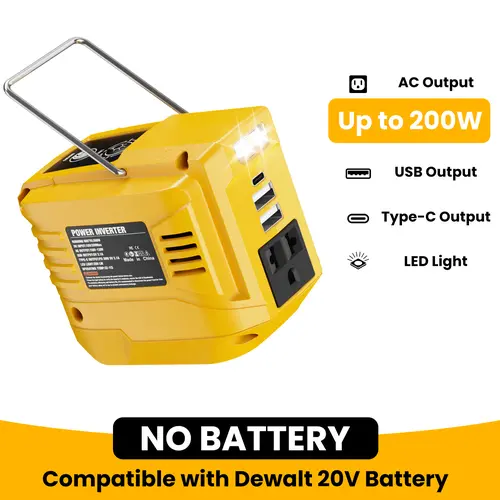 200W DC-to-AC Inverter (Battery Not Included) – DC 20V to AC 110-120V, Compatible with Dewalt 20V/Milwaukee M18/Makita 18V Batteries, Portable Power Source for Camping, Laptop, Coffee Machine, LED Lamp