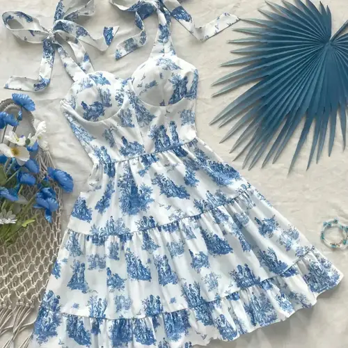 Women's Ditsy Floral Print Tie Shoulder Cami Dress, Elegant Casual Ruffle Trim Sleeveless A Line Dress for Summer, Ladies Clothes for Beach Holiday, Boho Sleeveless Dress, Bohemian Print Dresses, Bohemian Style Dresses