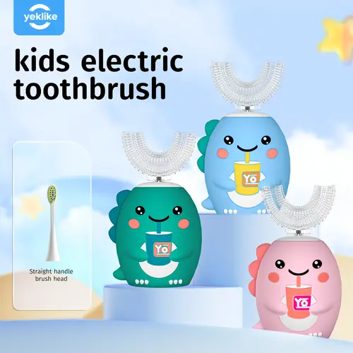 YEKLIKE Kids Sonic U-Shaped Automatic Electric Toothbrush - Cartoon Dinosaur Design, 6 Cleaning Modes, Full Mouth Dental Cleaner, Cordless 200mAh Battery Toothbrush with Handle, Automatic Brushes for Toddlers' Dental Health #dealsforyoudays, U-Shaped Head