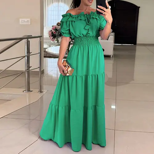 CHICME Women's Off Shoulder Short Sleeve Frill Hem Lace Up Dress/Gabbi Dress/Summer Dress Casual Stretchy Waist Wedding Guest Flared Maxi Wedding Dress