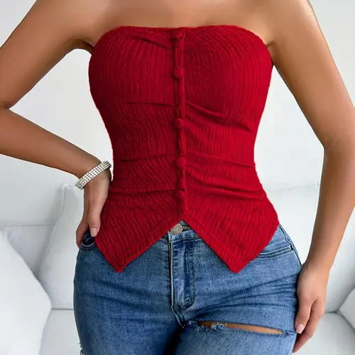 Women's pleated strapless vest with decorative buttons, high waist, hip lifting, slimming, Fit, Elegance, versatile style, summer solid color off shoulder sleeveless vest, casual commuting, shopping, dating, daily leisure outings, Everyday, Tops