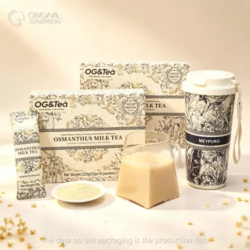 BOGO Authentic Osmanthus Milk Beverage with Forest Cup, 2 Cartons (220g×2, 22g×10 Individually Wrapped Single-Serve Packs×2) - New Zealand Spring Osmanthus Milk Powder, Green Tea Powder, Floral Aroma, Instant Iced Tea, Dairy Free, 10-sec Mix for Adults