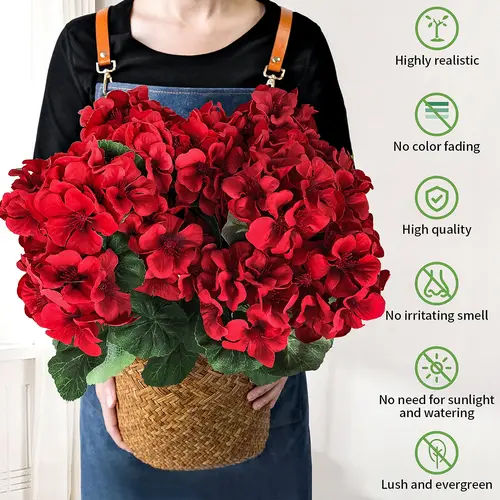 LVZHIYUAN 8 Bundles Silky Decorative Artificial Geraniums - Anti-UV, Photorealism Red Ornaments, Suitable for Indoor Study, Outdoor Garden Home Decor Flowers, Floral Decor