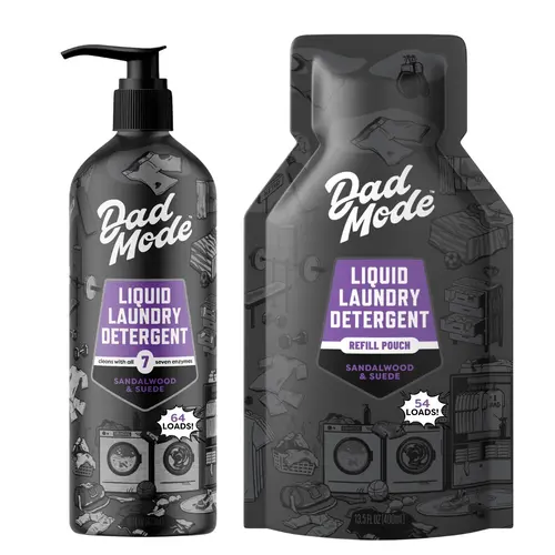 DadMode 7-Enzyme Power Liquid Laundry Detergent 2-Pack (Pump Bottle & Refill Pouch), Mom-Approved 118-Load Ultra-Concentrated HE-Friendly Stain Remover, Plant-Based Sandalwood Suede Scent, Non-Toxic Dye-Free Odor-Fighting All-Purpose Cleaner, Stain Remova