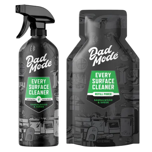 Dad Mode 2-Piece Multi Surface Cleaner Set - 16oz Sandalwood Scented Liquid Spray Bottle + Refill Pouch, Fast-Clean for Non-Fabric Household Kitchen Surfaces