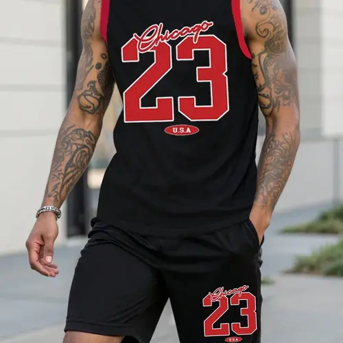 Men's Letter Print Sleeveless Basketball Vest & Shorts Set, Regular Fit Round Neck Basketball Jersey & Shorts, Summer Clothes Set for Men, Sports Wear