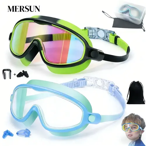 MARISUN 2 Pcs Kids-Swim-Goggles with Nose Cover, Wide View Anti Fog UV Anti Shattered Lens for Kids 3-6/6-15 anti-uv swimming goggles swim glass wide view uv swimming goggles anti-fog swimming goggles easter gift Swim Kit summerwins,bathin, Soft Silicone