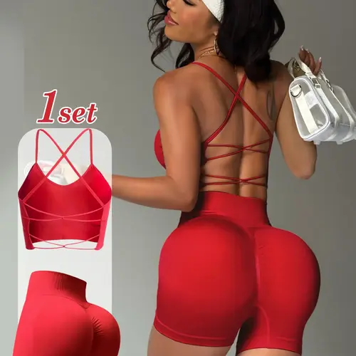 Two-piece Set Women's Solid Crop Sports Bra & High Waist Shorts Tracksuit Set, Sporty Casual Breathable for Yoga Gym Workout Running, Ladies Sportswear for All Seasons, Workout Sets Women, Gym Clothes Set, Fitness Sportswear Set, Sports Clothing Set