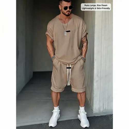 Coofandy Men's 2 Piece Athleisure Clothes Set - Relaxed Fit Street Style Drop Shoulder Crew Neck Breathable Cotton-Poly Fabric Outfit, Lightweight Soft Apparel with Pockets, Front Patch, Elastic Waistband, Sporty Chic for Workouts, Travel