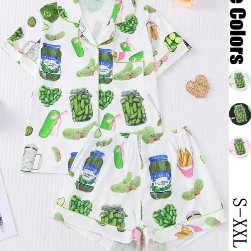 Women's Cucumber Print Short Sleeve Pajama Set, Casual Comfy Button Front Chest Pocket Design Lapel Neck Top & Elastic Waist Shorts PJ Set, Ladies Sleepwear Loungewear, Pajamas Sets