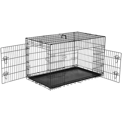 Collapsible Multi-Size Coated Metal Mesh Dog Crate with Divider Panel - 24/30/36/42/48in Double-Door Double-Locks, Plastic Leak-Proof Pan Tray, Escape-Proof Security for Indoor, Outdoor, Camping Use