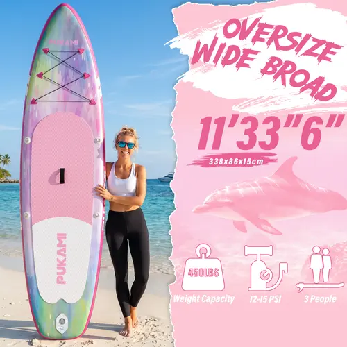 PUKAMI Inflatable Stand Up Paddle Board for Adults, 10.6' Wide Stable SUP with Premium Accessories, Carry Bag, Paddle, Pump, Leash, Non-Slip Deck, Surf Control for Youth Sport Use