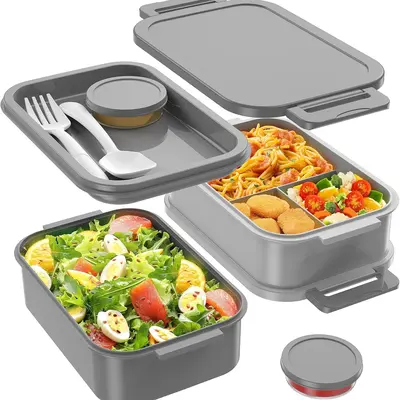 Adult Lunch Box Kids 3 Layers Stackable,Bento Lunch Box 72oz Large Capacity Leak-Proof with Sauce Containers for Work,School,Outside Tableware Grey