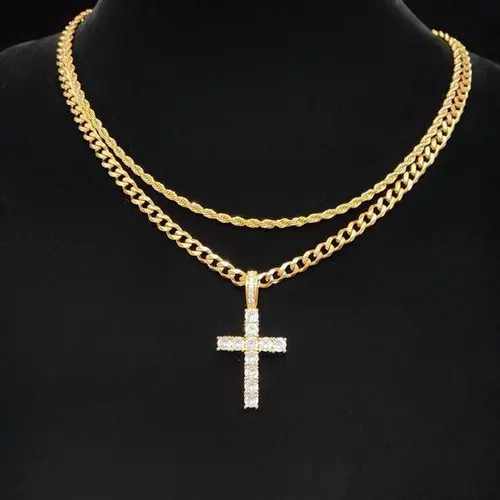 2025 Men's Stainless Steel 2-Piece Set: Hip Hop Twist Chain Necklace & Rhinestone Cross Pendant Statement Necklace, Birthday Gift Back to School Fashion Accessory, Two Piece Sets