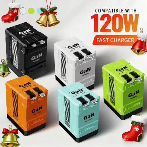 W&O 2-in-1 GaN Charging Station - 120W Fast Charger with Type C/Lightning Ports, Retractable Cord, Foldable Plug for iPhone, Mobile Cellphone & Electronic Devices, Universal Travel Power Adapter, Holiday Tech Gift, Iphone Charger