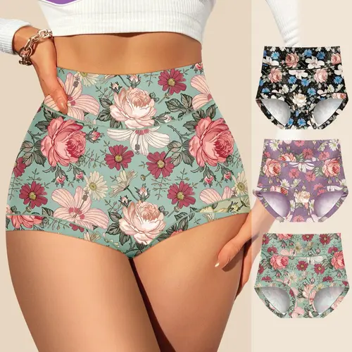 3-Pack MEIYATING Plus Size Women's High-Waist Underwear, Tummy Control, Floral Pattern, Comfortable Fit, High-Quality Skin-Friendly Triangle Panties, High Waisted Panties