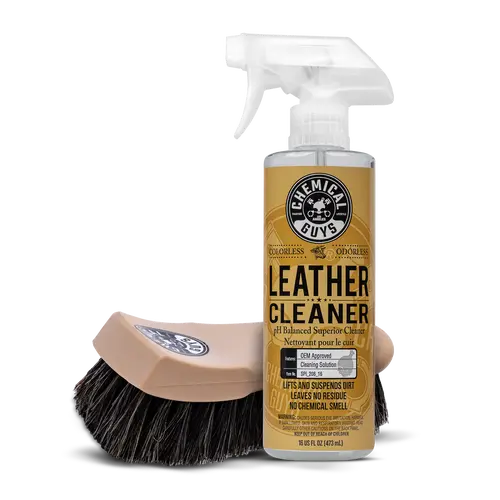 CHEMICAL GUYS Premium Leather Care Complete Care System Bundle - 16oz Automotive Car Seat Cleaner, Deep Clean, Nourishes & Restores, Penetrates Deep into Pores, UV Protection, 2-Pack Microfiber Cloths & Brush for Interior Dashboards, Detailing Setup