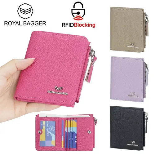 Royal Bagger Minimalist Plain Casual Women's Genuine Leather Slim Bifold Wallet - RFID Blocking Data Scan Guard, Zipper Coin Purse, Wallets for Women, Athletic, Top‑Grain Leather
