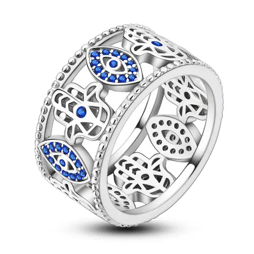 MULA Wide Silver-Plated Ring for Women - Blue Evil Eye, Hamsa Hand, Cubic Zirconia Accents, Spiritual Crystal Jewelry, Fashion Accessory for Women, Jewelry For Women, Accessories For Women