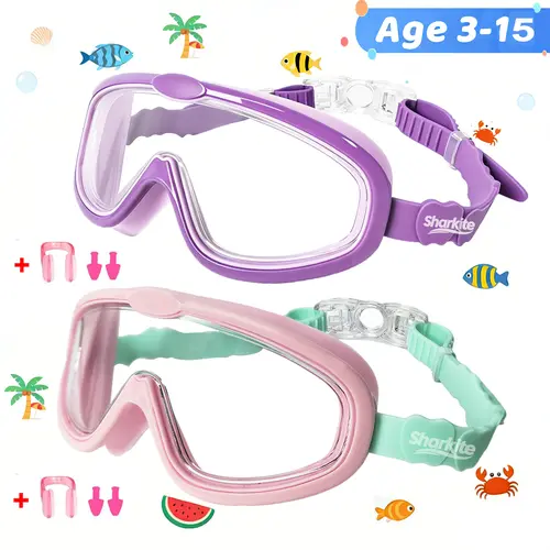 Sharkite Kids Splash Swim Goggles (1 Pack) - Wide Angle, Anti-Fog, UV Protection, Waterproof, Leak Proof, Full Silicone Frame, Adjustable Band, Nose Clip Swim Glasses for 3-15 Years Old Boys & Girls, Ideal for Easy Lessons, Children's Day