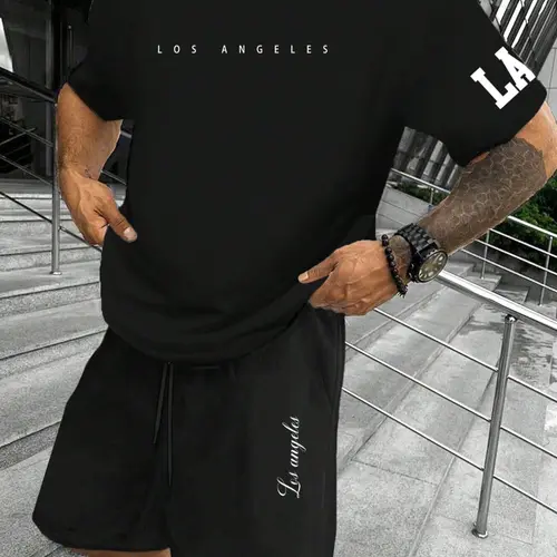 Two-Piece Set Men's Letter Print Short Sleeve Tee & Shorts, Regular Fit Casual Round Neck T-shirt & Track Shorts, Men's Summer Casual Outfit, Matching Style Set, Menswear, Clothes