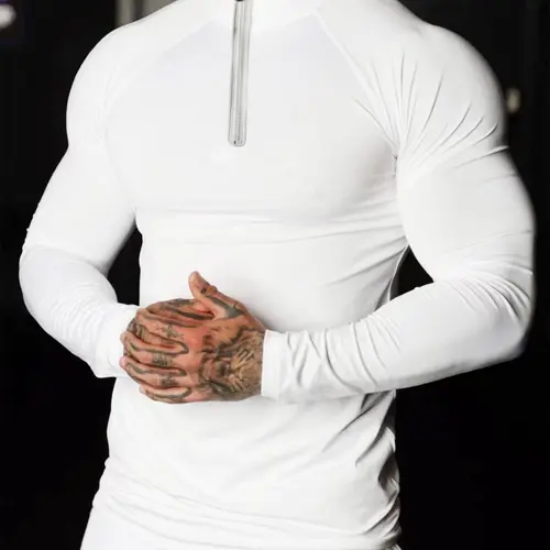 Men's Solid Zip Up Mock Neck Sports Tee, Long Sleeve Compression T-shirt, Tight-fitting Sporty Top, Athletic Top for Gym Workout Running, Men's Sportswear Clothing for Indoor Outdoor Wear, Workout Shirts