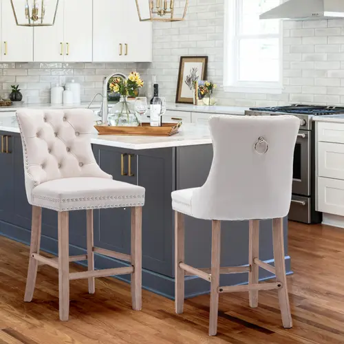 Modern Velvet Upholstered Bar Stools Set with Wood Legs,Armless Counter Height Bar Chairs for Kitchen Island, Pub
