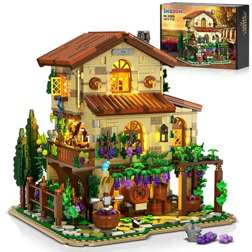 Winery Chateau House Building Set with Lights, Vineyard Castle Construction Model Home Decor, 1826 PCS Vine Estate Autumn Cabin Building Block Kit Gift for Mothers Day Adults Teens Boys Girls,Christmas Gift