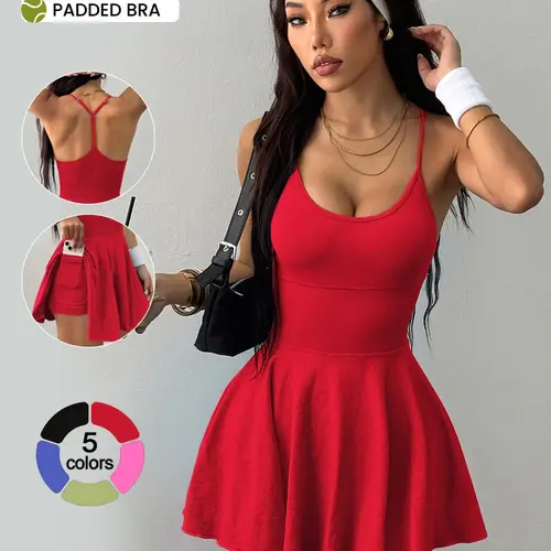 Women's Solid Color 2-in-1 Sleeveless Sports Dress with Built-In Shorts Pocket, Casual Athletic Tennis Dress for Gym, Running and All Seasons