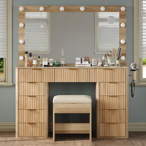FUSOU 47"W Fluted Freestanding Makeup Vanity Desk with Vanity Chair, 11 Drawers, Power Outlet, LED Compact Full-Length Lit Mirror (3 Adjustable Modes), Glass Top, Ships in 2 Packages for Bedroom, Dressing Room (Natural)