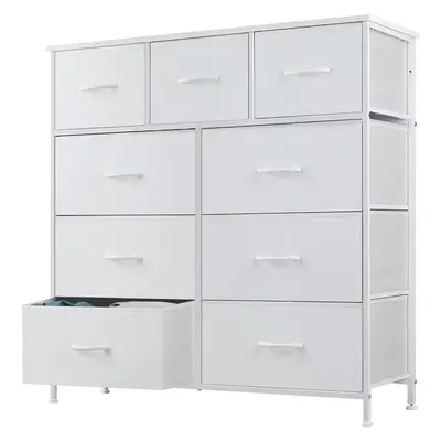 【Deal】Fabric Storage Tower with 9 Drawers, Bedroom Drawer Dresser Organizer, Chest of Drawers with Fabric Bins, Steel Frame and Wood Top