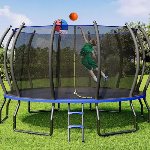 Amerlife 8 FT Round Outdoor Indoor Recreational Trampoline for Kids, Heavy-Duty Steel Trampoline with Safety Enclosure Net, Curved Poles, Ladder, ASTM Approved & Easy Installation