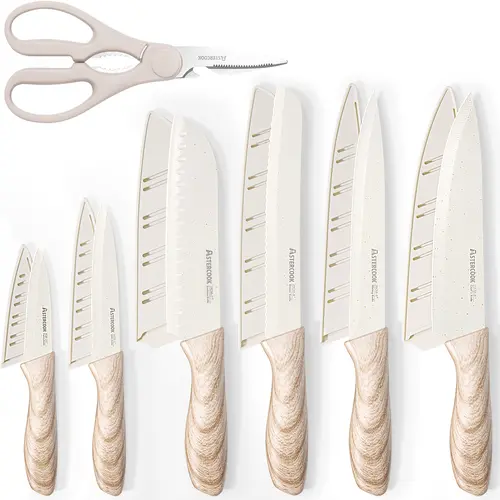 Astercook 7-Piece Kitchen Knives Set with Chef Knives, Non-Stick Ceramic Coated Stainless Steel Blades, Scissors, Rust-Resistant, Dishwasher Safe Kitchen Supplies