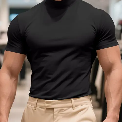 Men's Solid Color Turtleneck Sports Tee, Regular Fit Activewear Athletic Apparel Sporty Short Sleeve T-Shirt Athletic Top for Gym Workout Running, Men's Sport & Outdoor Clothing Workout Tops for All Seasons